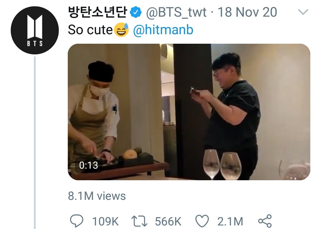 Hobi and bang pd eating together and this hobi tweet showing a video of bang pd taking video of the food