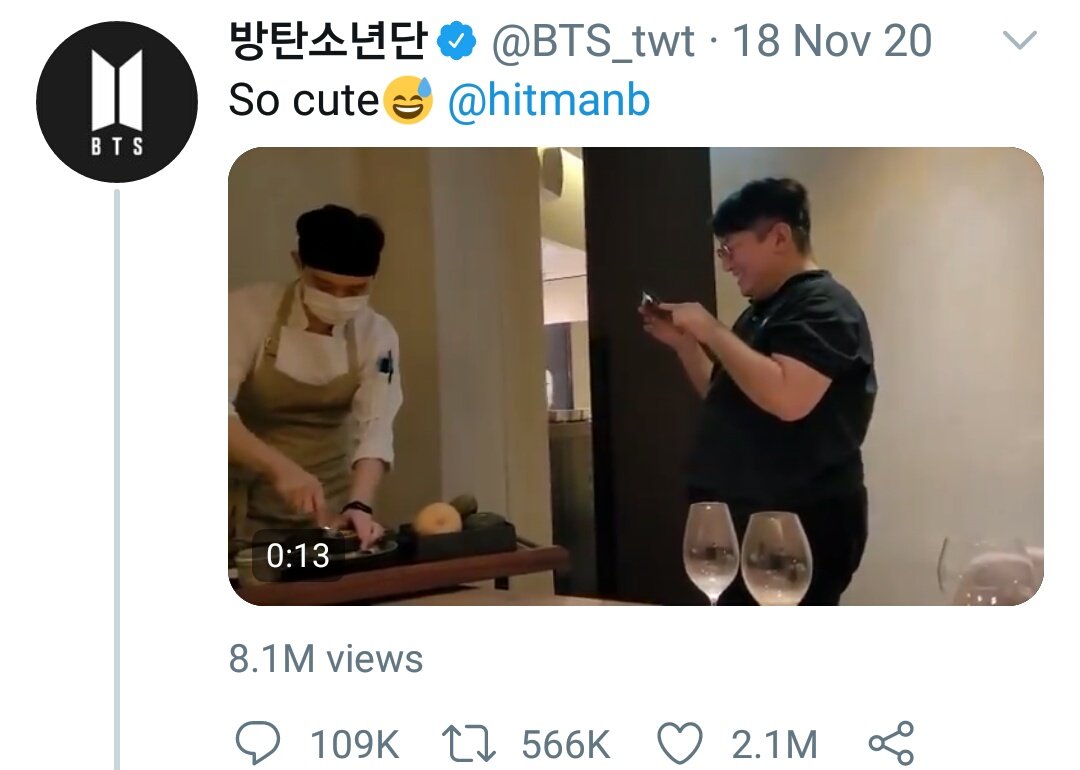 Hobi and bang pd eating together and this hobi tweet showing a video of bang pd taking video of the food