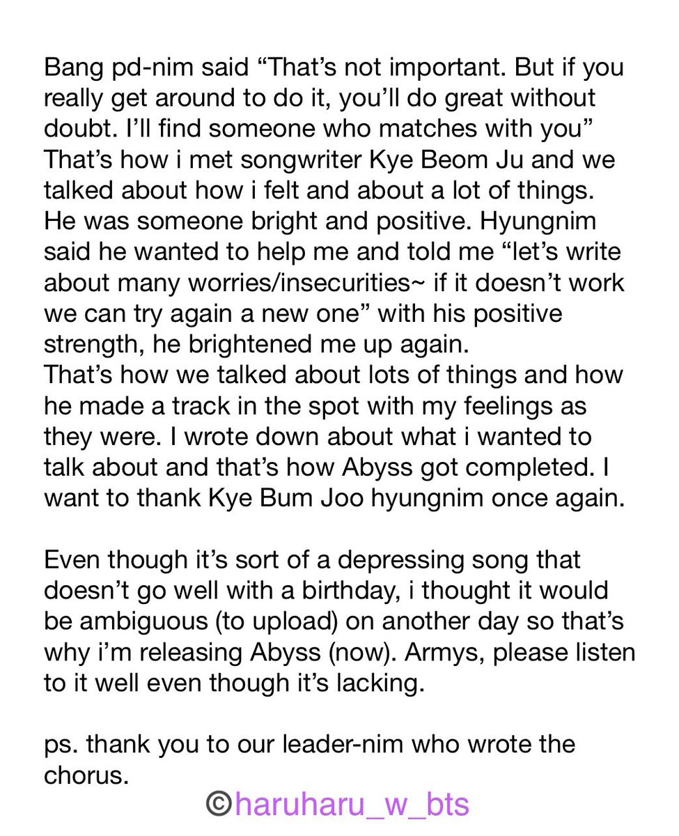 Abyss behind story: Bang pd suggested seokjin to write a song about his feelings and I'm glad seokjin did bc Abyss is a masterpiece!