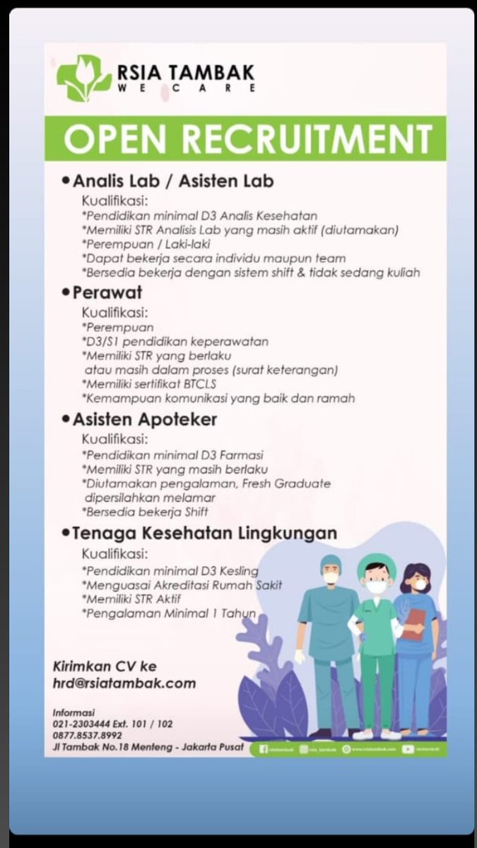 Farmasi_UP's tweet photo. #lowker @RSIATambak  Membutuhkan Analis / Asisten Lab, perawat,  asisten apoteker, dan tenaga kesehatan lingkungan https://t.co/ba8n85yCRx