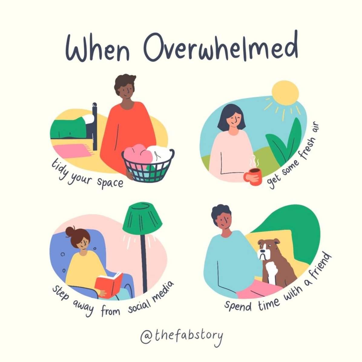 OurHourOff's tweet image. Sharing this from @thefabstory for anyone who needs to see it.
Life feels pretty overwhelming at the moment. As ever screentime is a tricky thing to balance... do what you can to recognise the signs of overwhelm and try these simple steps to reset 🙌 

#selfcare #OurHourOff