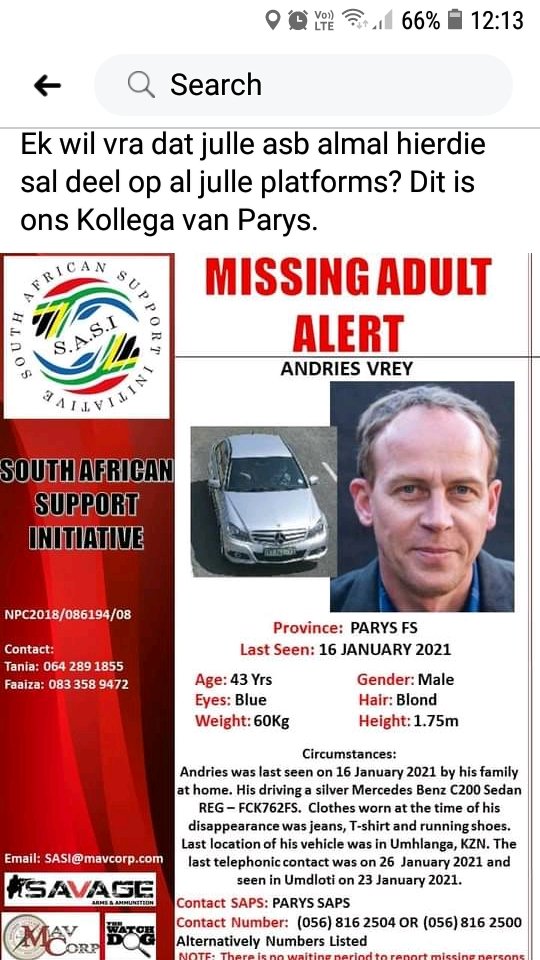 Angvdspuy's tweet photo. #missingadultalert #andriesvrey #missing #MissingPerson #missingpersonsouthafrica #saps https://t.co/JJIaL9isoq