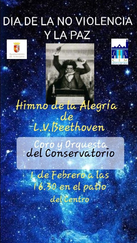 En el Conservatorio de Música de Antequera celebraremos el Día de la No Violencia y la Paz con el Himno de la Alegría de L.V. Beethoven.
 Realizaremos una grabación para ofrecerla al público con el deseo de compartir este día y esta obra tan bella.

#DiaDeLaPaz #Beethoven