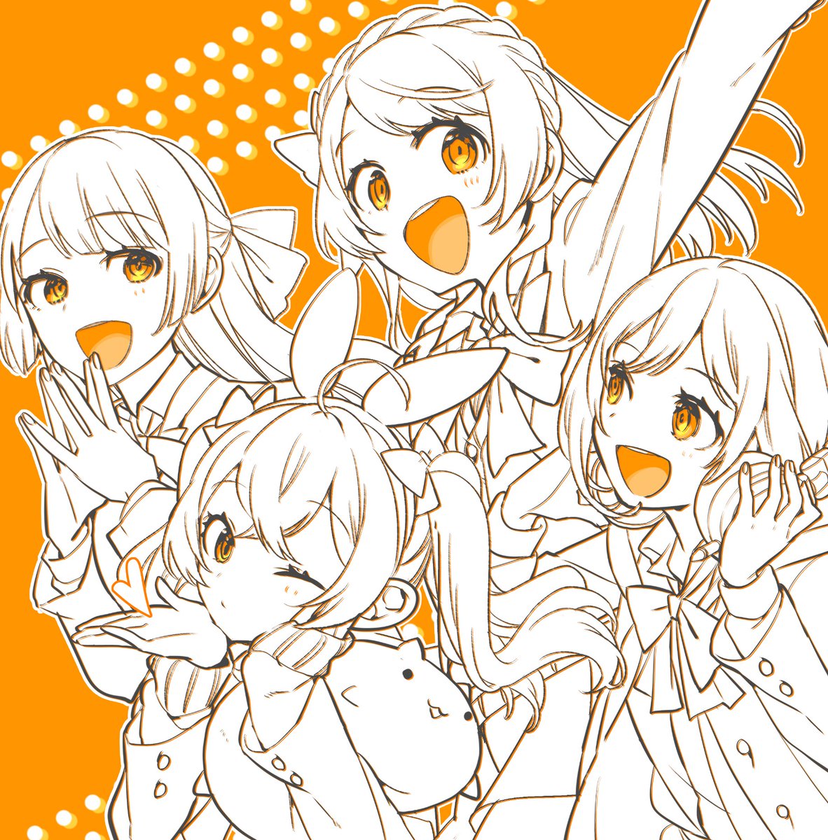 multiple girls 4girls one eye closed smile bow braid orange background  illustration images