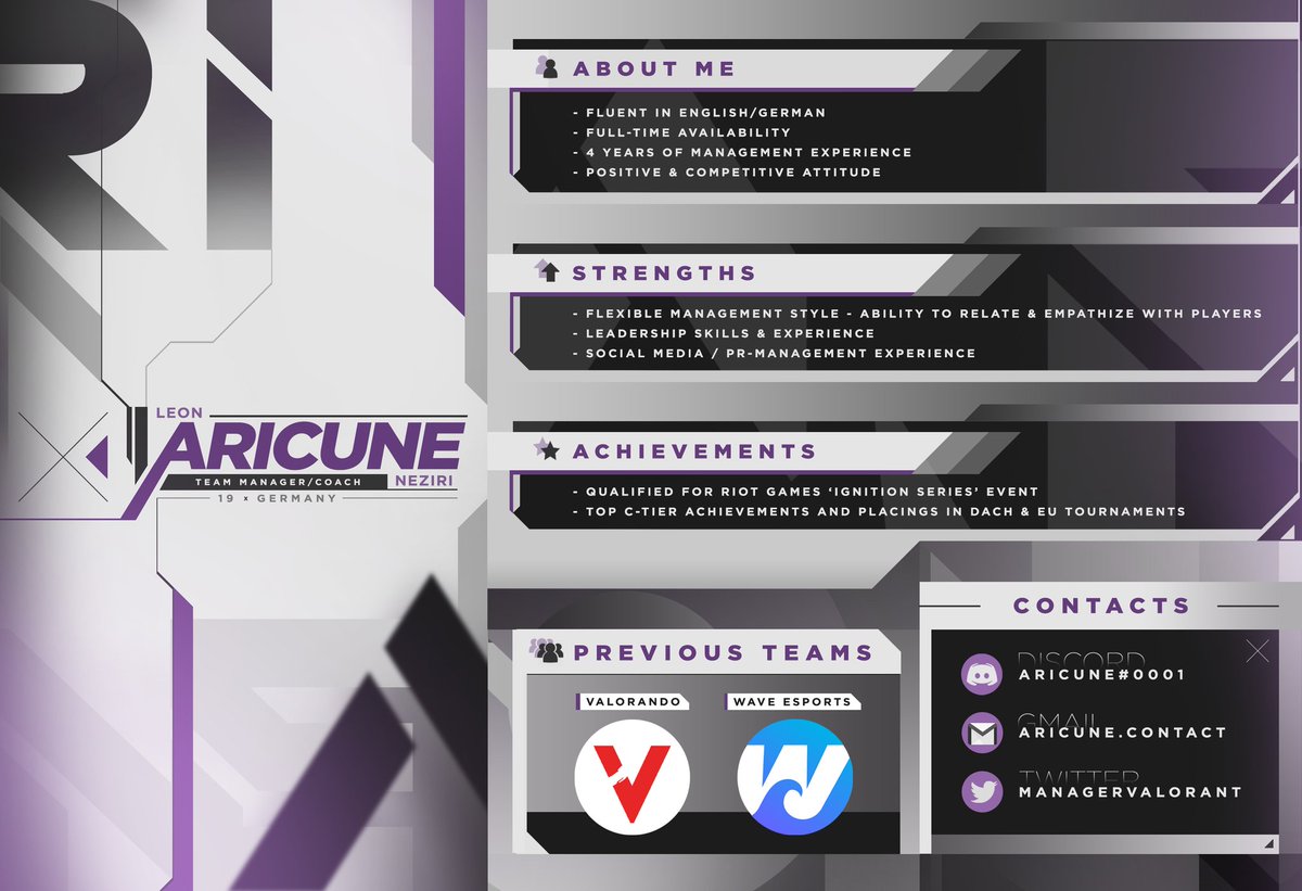ManagerVALORANT's tweet image. LFT as Team Manager in #VALORANT 🇪🇺/🇩🇪

📈 ideal experience in branding, leading &amp;amp; coordinating a team
📚 5 years of experience in Esports environments

Liquipedia: liquipedia.net/valorant/Aricu…

More information &amp;amp; resume via DM's or aricune.contact@gmail.com

RT's appreciated ♻️❤️