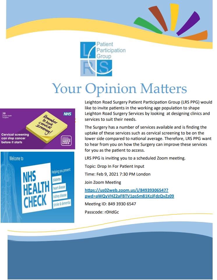 We invite the working age (16-65) population of our patients to come have a conversation with our PPG and Practice Manager about shaping our future services to suit your care needs <a href="/NHS_ELFT/">East London NHS Foundation Trust (ELFT)</a> <a href="/MohitVenkataram/">Dr Mohit Venkataram</a> <a href="/MuirheadMarina/">Marina M</a> <a href="/drlizd1/">Liz Dawson</a> <a href="/ParukFarah/">farah paruk</a> <a href="/AlexMcGarvey5/">Alex McGarvey</a> @LouiseC20062608