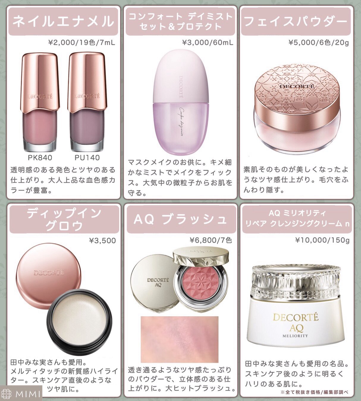 Mimitv 公式 コスメデコルテ名品図鑑 言わずと知れた名品のパウダーはツヤ肌に仕上がる00が人気 アイグロウジェムやaq アイシャドウは簡単に抜け感のある目元が完成します ハイライトやリペアクレンジングクリームは田中みな実さんも愛用 皆さん