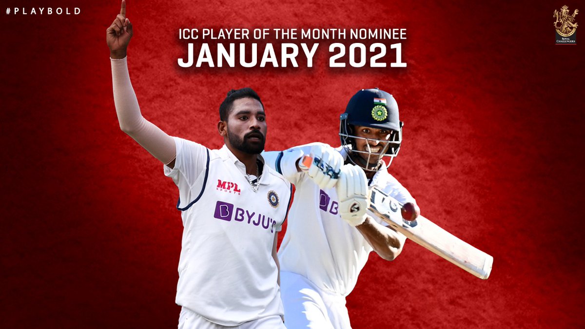 Our 🌟 🌟 have been nominated for the player of the month award for January 2021 by ICC. 👏🏻 👏🏻 

Well deserved! 🤩

<a href="/Sundarwashi5/">Washington Sundar</a>
#PlayBold #WeAreChallengers