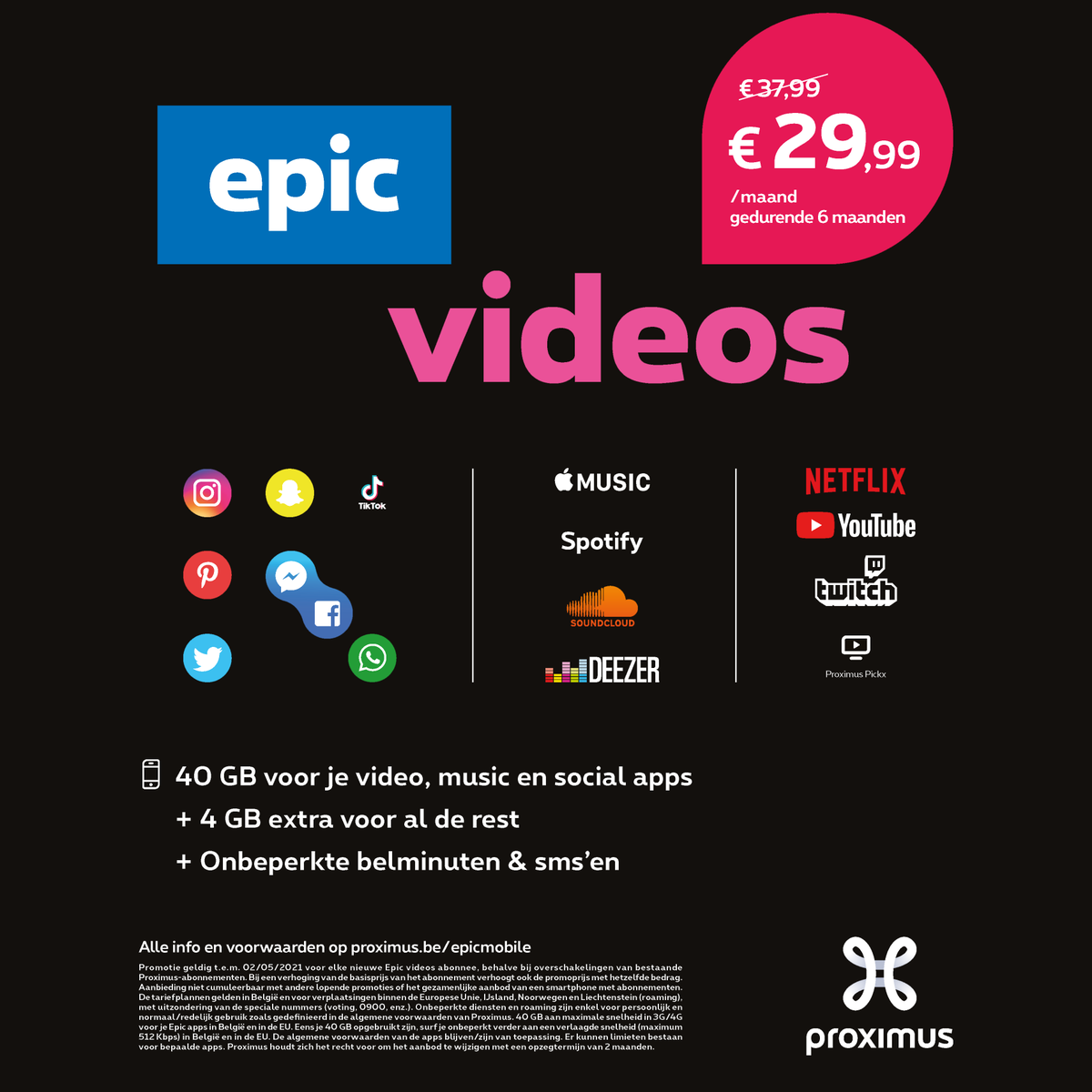 EssecTelecom's tweet photo. Ken je epic videos al?
• Onbeperkt bellen &amp; sms'en
• 𝟰𝟬𝗚𝗕 𝘃𝗼𝗼𝗿 𝗮𝗹 𝗷𝗲 𝘃𝗶𝗱𝗲𝗼, 𝗺𝘂𝘀𝗶𝗰 𝗲𝗻 𝘀𝗼𝗰𝗶𝗮𝗹 𝗮𝗽𝗽𝘀
• 4GB voor al de rest
nu 6 maanden lang aan €29,99!
Kom langs in één van onze shops, we helpen je graag verder!
| https://t.co/saZe3t7zq3 | https://t.co/OQ4AyE0z7U