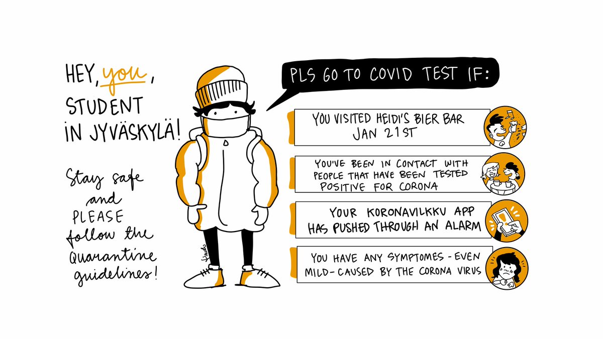 JKLn_kaupunki's tweet photo. Hey student! Low-threshold coronavirus test opportunity on Saturday, 30 January. 😷

The test point is in a camping van:
at 10–12 Myllyjärvi, Roninmäentie 1A and
at 13–14 Ristonmaa, Salontaipaleentie 6.

Read more:
https://t.co/yT1vUpyhrT Drawing: @saurau https://t.co/X6Iy08J34z