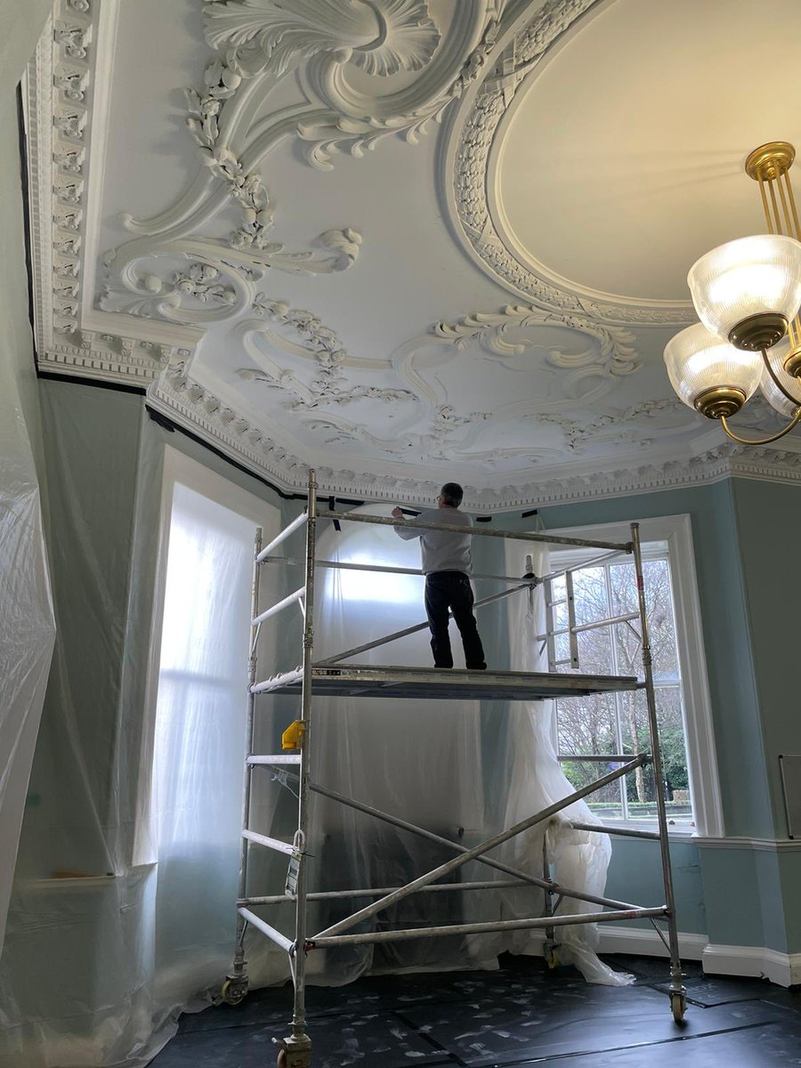 We are starting to take the dimensions and thixotropic impressions of the ornate ceilings mouldings in this fabulous room in Leeds before the building works commence.First job as always protection .