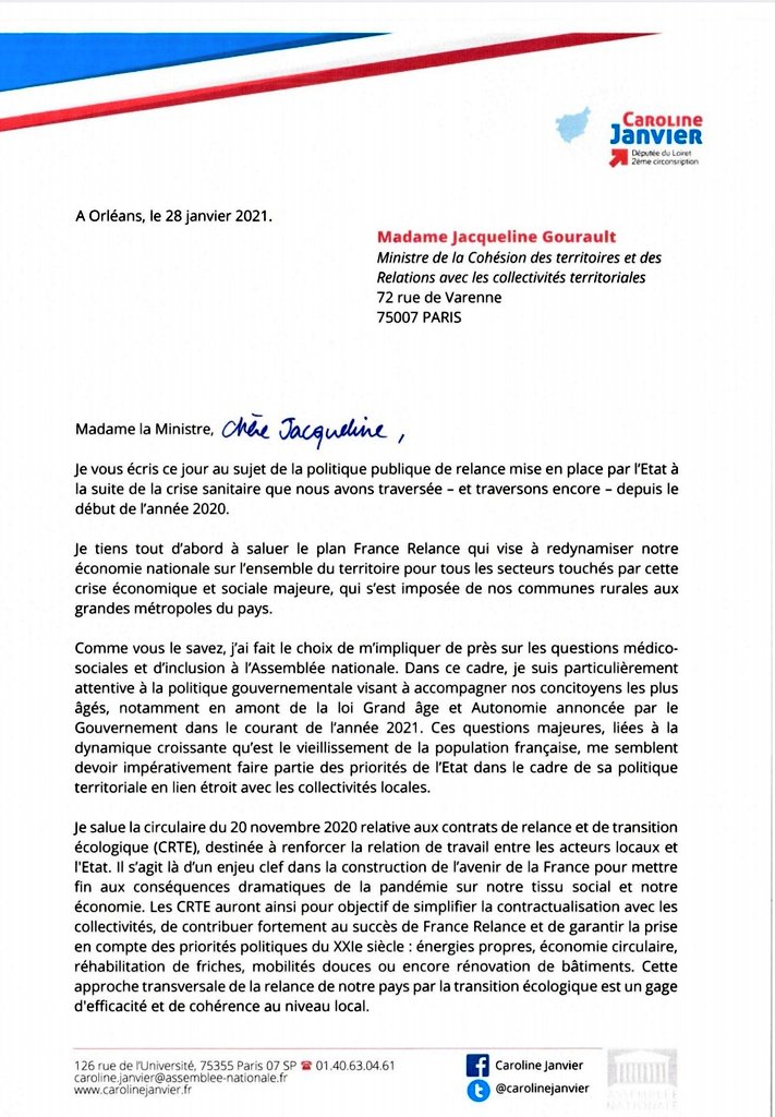 CarolineJanvier's tweet photo. Convaincue de la nécessité d'inclure la question du vieillissement de la population française dans le plan de relance #FranceRelance, notamment les financements liés à l'aménagement du territoire, l'habitat et la mobilité, j'ai interpellé la Ministre @j_gourault à ce sujet ⤵️ https://t.co/EhYxDdHhgq