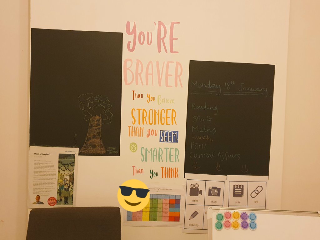 MsKrystellLopez's tweet photo. My remote learning set ups! The plain wall was not doing it for me and the visual aids keep my children going! https://t.co/modDA9ahVE