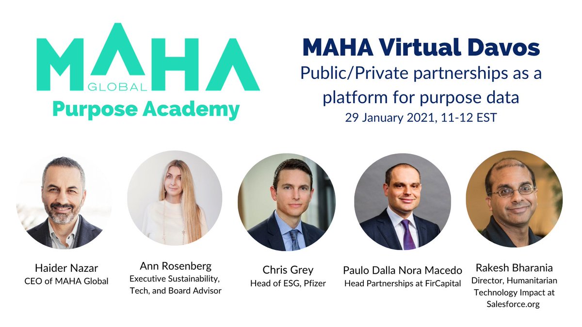 MAHA_Global's tweet photo. Join us today for our final #WEF21 conversation on Public/Private Partnerships as a platform for purpose data. Join at https://t.co/snePIPomgm #Davos21 #DavosAgenda #TheGreatReset #UnitingBusinesses https://t.co/ejIzo6deXI