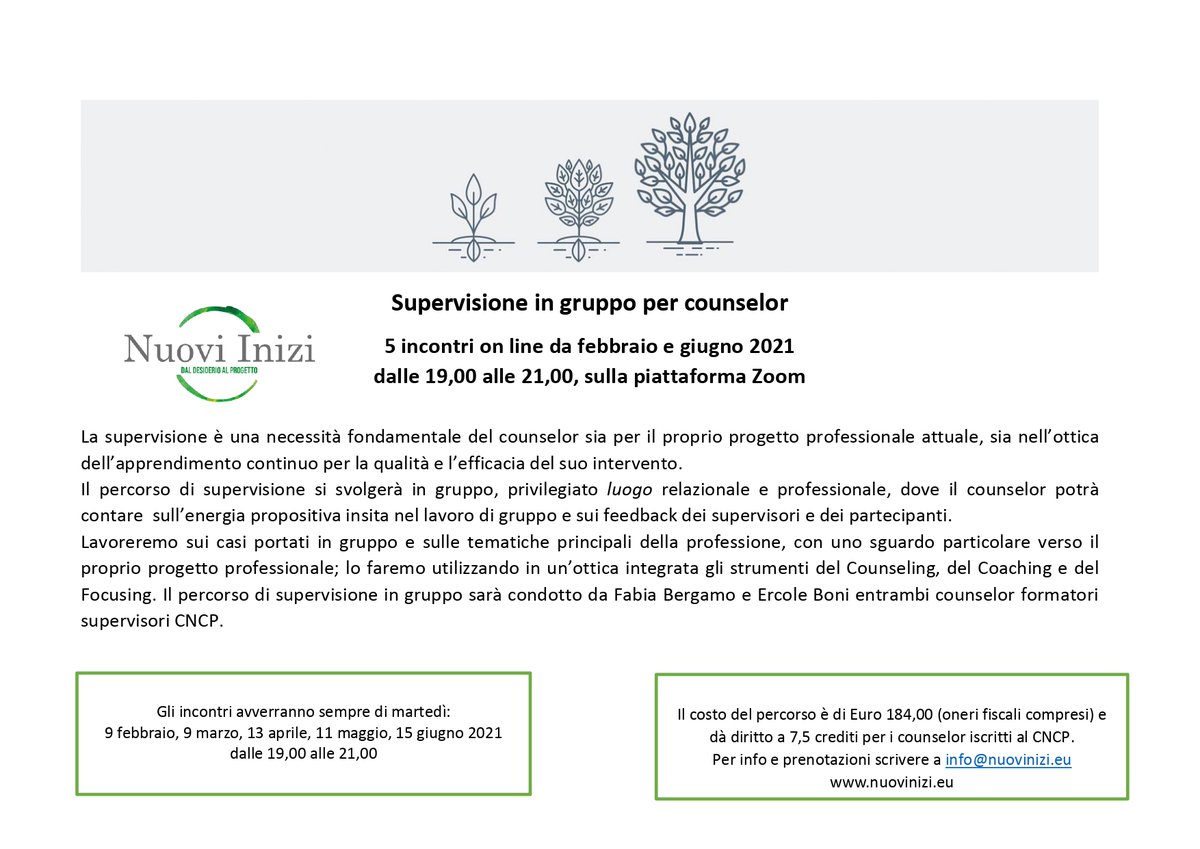CounsellingCNCP's tweet photo. SUPERVISIONE IN GRUPPO PER COUNSELOR
Modalità ONLINE
9 febbraio, 9 marzo, 13 aprile, 11 maggio, 15 giugno 2021 dalle 19,00 alle 21,00
7,5 crediti formativi CNCP
https://t.co/f3OTdYTpRN
#cncp #counsellor #counselling https://t.co/uHLsCmj7yk