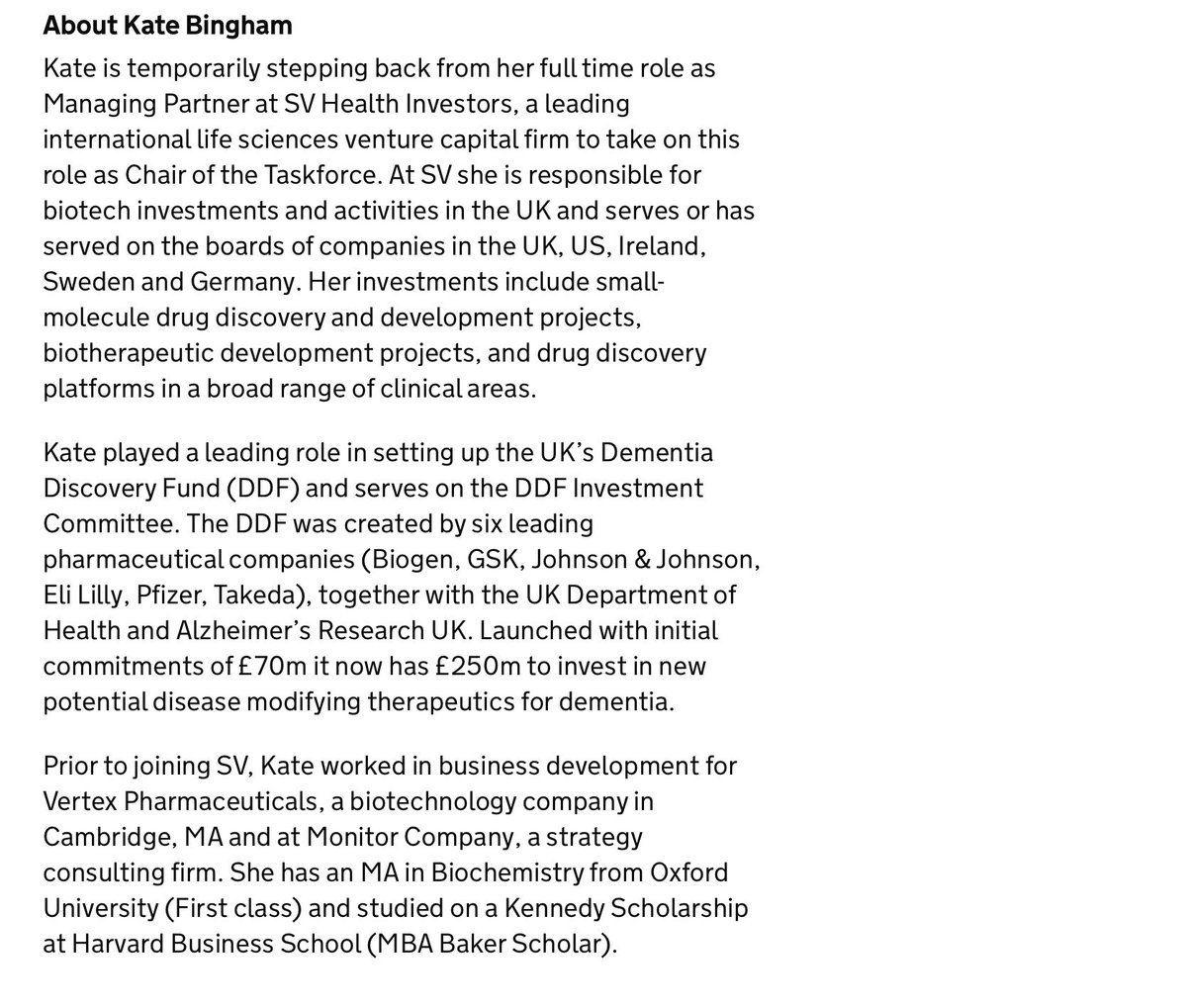 And the truth turned out to be that Kate Bingham did offer her time and talents in service of the public good, and the cv that was published with the announcement of her appointment made it clear what experience and skills - all omitted from the sneer here - she had for that role  https://twitter.com/BristOliver/status/1355072554592043010