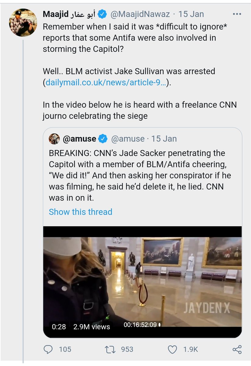 1. I see Maajid Nawaz is enjoying his favourite hobby of patting himself on the back for always being right. But this is an entirely misleading account of what he claimed, and the conspiratorial, false misinformation he spread about the Capitol attack