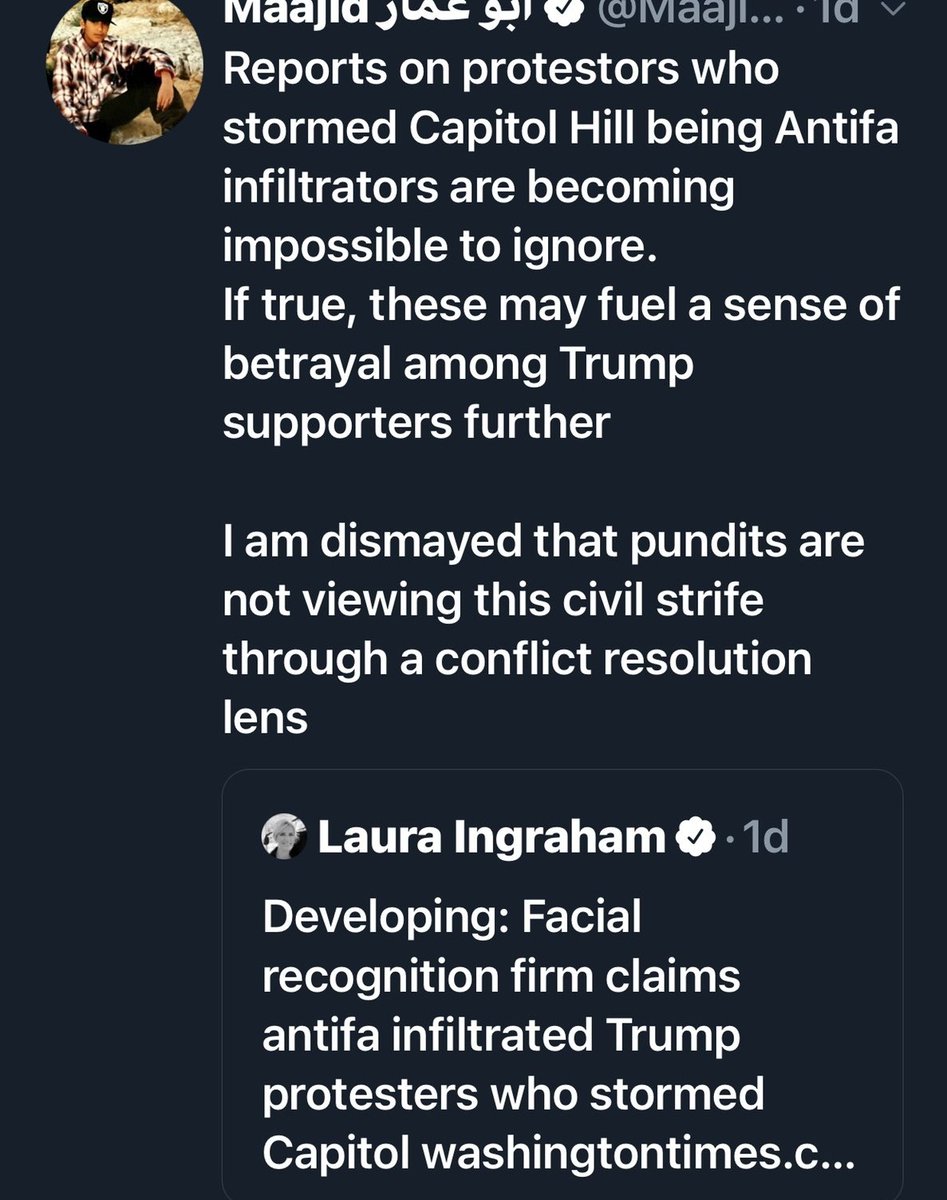 3. Maajid implied there were credible reasons to suggest the 'protesters who stormed Capitol Hill' were 'Antifa Infiltrators'. He did this in the context of sharing a (now deleted tweet) claiming 'facial recognition software' had identified 'Antifa Infiltrators'