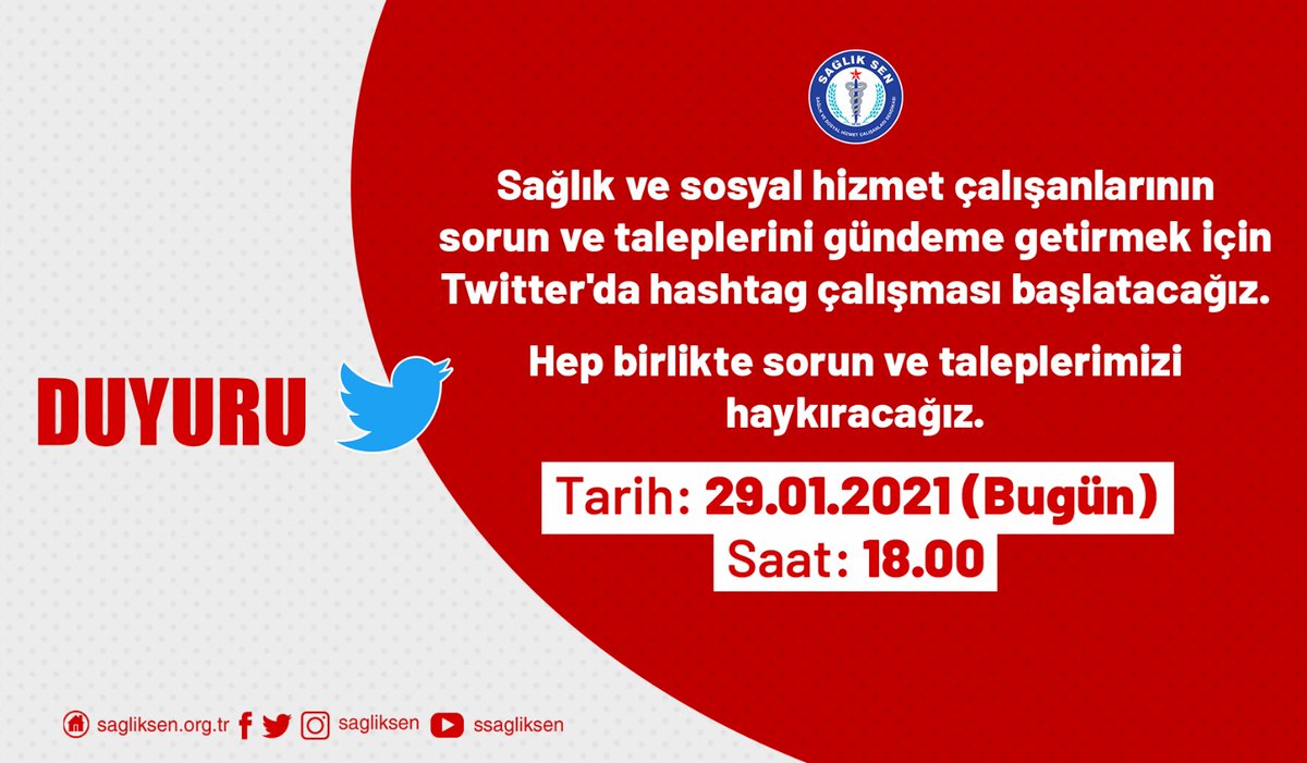 sagliksen's tweet photo. Sağlık ve sosyal hizmet çalışanlarının sorun ve taleplerini gündeme getirmek için Twitter'da hashtag çalışması başlatacağız.

Hep birlikte sorun ve taleplerimizi haykıracağız.

🗓️ Tarih: 29.01.2021 (Bugün) 
🕕 Saat:18.00 https://t.co/CbUYINAMD3