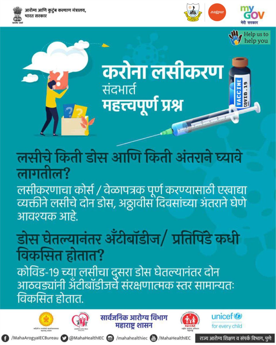 ngpnmc's tweet photo. Some important facts about #CoronaVaccination.
नागपुरात कोरोना लसीकरण सुरू झाले असून अनेकांच्या मनात विविध प्रश्न निर्माण होत आहेत. आपले प्रश्न आणि त्यांची उत्तरे..
#VaccinationStarted #NMC #NagpurFightsCorona
@CMOMaharashtra @MahaHealthIEC https://t.co/GN9N0vPaXQ