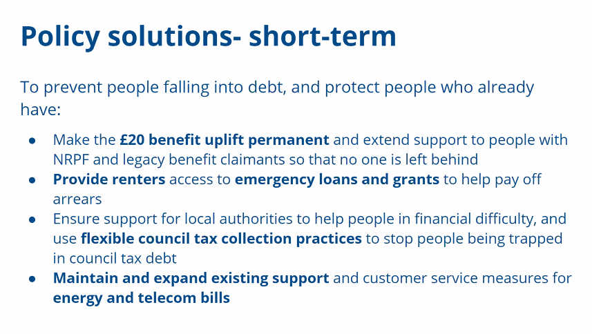 usociety's tweet image. What would help low income households? @CitizensAdvice would like to see support for rent arrears, flexible council tax collection, support for energy &amp;amp; telecom bills &amp;amp; keeping UC uplift. @karenmbarker #insightslaunch #recession2