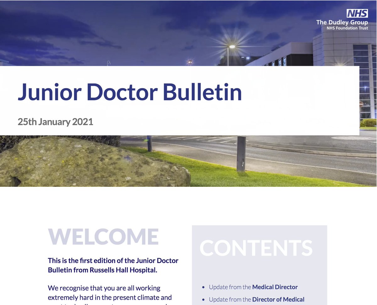 RGUCMedia's tweet photo. Updated editions of the new RHH Junior Doctor Bulletin will initially be available on a weekly basis. It will be accessible to all @DudleyGroupNHS junior doctors and consultant staff via unique email link and password. Thanks to @McgeeRguc for developing the digital format. https://t.co/4FtzWF4pIl
