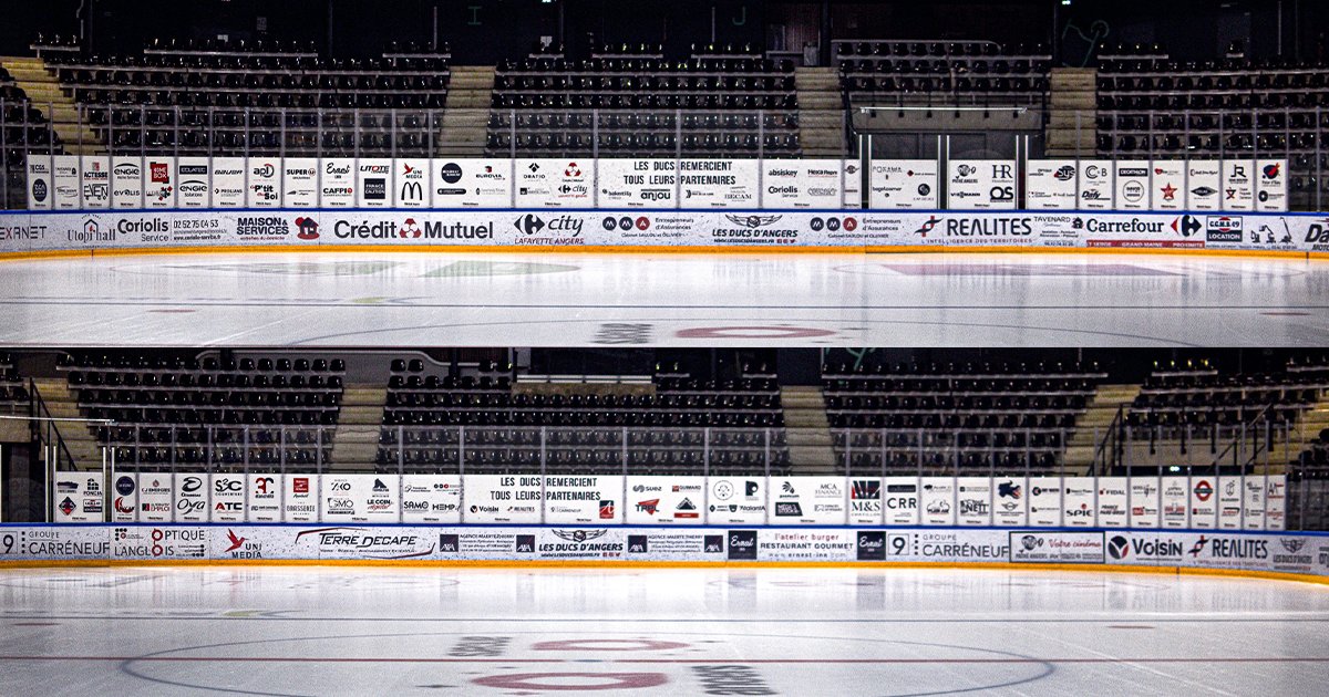 DucsdAngers's tweet photo. Nouveau match à huis-clos ce soir 😔

Amis partenaires, vous ne serez pas là physiquement, mais nous avons fait notre maximum pour que vous soyez au plus près de l'action.

🙏 Merci à @HexaRepro pour la réalisation, en quelques jours, des 5️⃣5️⃣ panneaux qui habillent la patinoire. https://t.co/VxoFTZLAp1