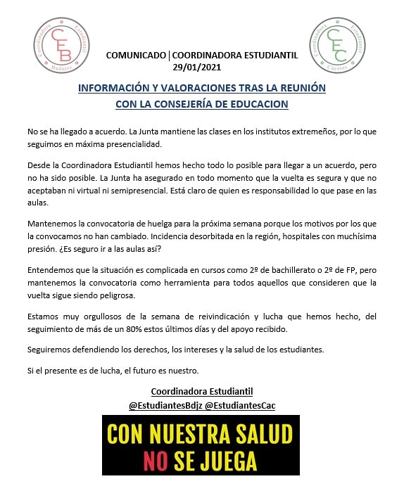 EstudiantesBdjz's tweet photo. ⚠️ IMPORTANTE ⚠️ Nos hemos reunido hoy con la consejería de educación y este ha sido el resultado. #HuelgaEstudiantEX https://t.co/WnB0F4QHRf