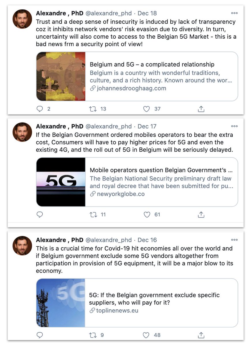 Alexandre's had a bit of an obsession with Belgium and  #5G recently. Especially, Belgium's security limitations on 5G providers, which are reportedly mainly about Huawei and ZTE. Alexandre didn't like the Belgian approach much.