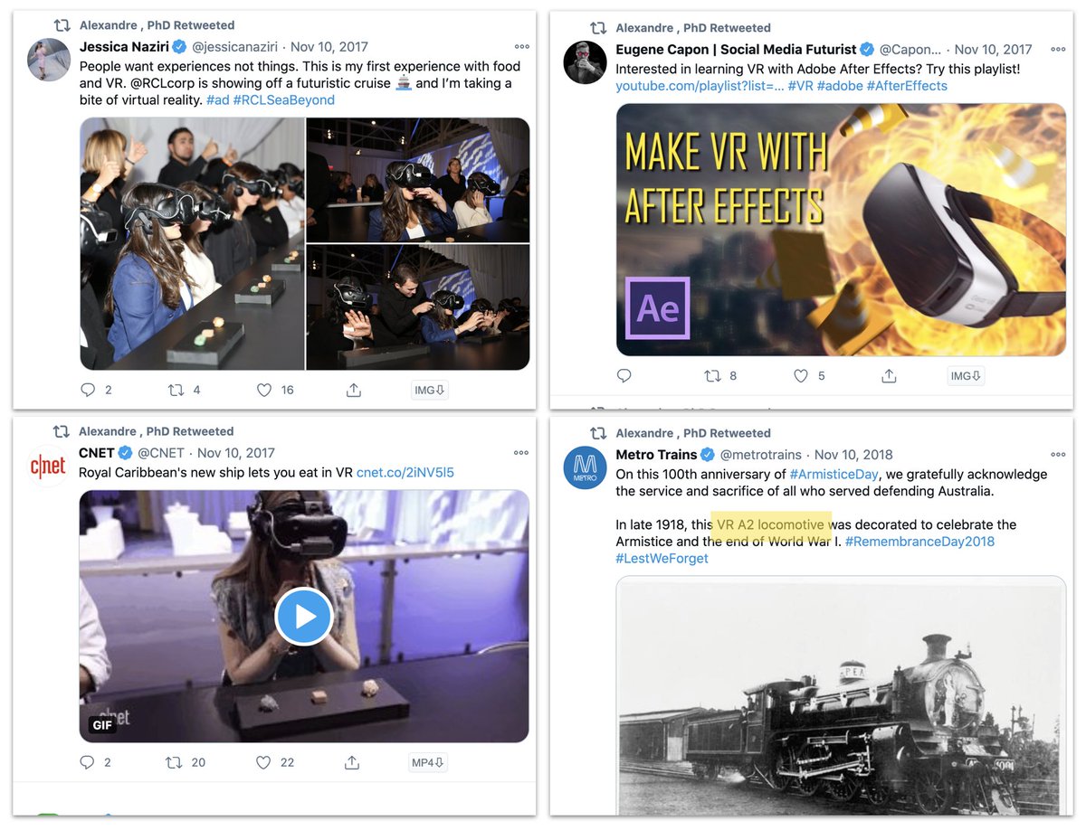 The account was created in 2017. It only started tweeting in early December, 2020, but its first posts were retweets of tweets from November 2017-18. They were meant to be about VR, as in virtual reality. Oddly, one was actually about Victorian Railways in Australia. Awkward.