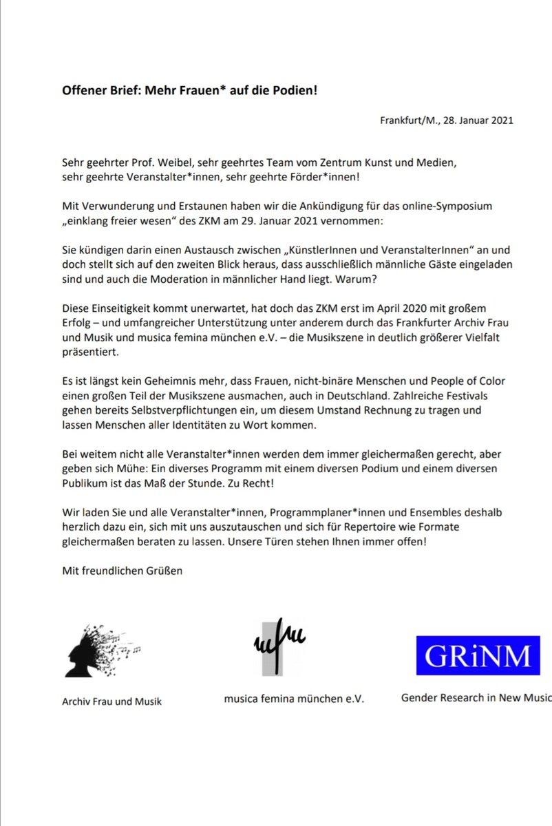 archivfraumusik's tweet photo. Offener Brief: Mehr Frauen* auf die Podien! Gemeinsame Aktion mit GRiNM, musica femina münchen und @female_pressure https://t.co/L8ve8WlBez