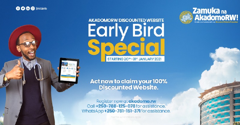 RICTAInfo's tweet photo. The AkdomoRW Early Bird Special is coming to an end. Whatsapp 0781-151-371 to register your business for one of the few remaining 100% #akadomoRW Discounted Websites. Offer available while stocks last.