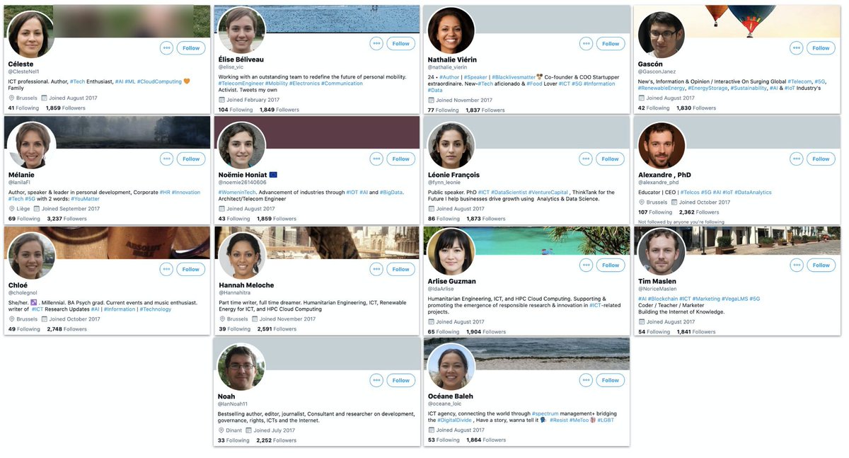 Pivoting off that account, we found 13 more that were behaving the same way, created around the same time, and all had GAN faces and similar bios - including a "best-selling author" who, um, didn't name any of his actual books.