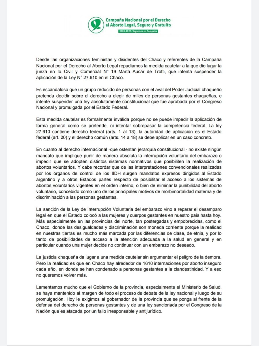 CampAbortoLegal's tweet photo. ¡#EsLey en todo el país! ✊🏾💚🔥

Desde las organizaciones feministas y disidentes del #Chaco y la Campaña repudiamos la medida cautelar a la que dio lugar una jueza en lo Civil y Comercial.

¡Somos un montón en alerta para hacer cumplir la Ley porque #NosotresDecidimos! 💚💚💚 https://t.co/YGLwvGXVIo