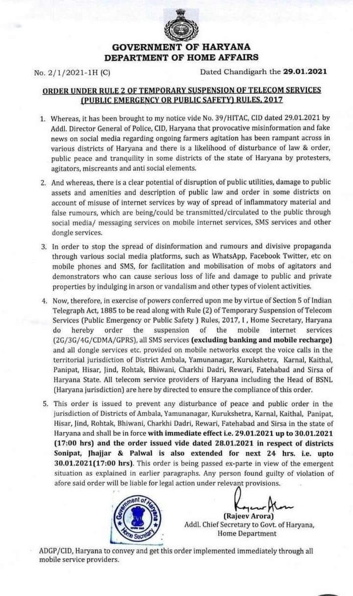 AdvPriyaSangwan's tweet photo. Haryana Govt. #suspendsInternetServices in Ambala, Yamunanagar, Kurukshetra, Karnal, Kaithal, Panipat, Hisar, Jind, Rohtak, Bhiwani, Charkhi dadri, Fatehabad, Rewari, Sirsa districts till January 30 Internet was earlier suspended in Sonipat, Jhajjar and Palwal #KisanAandolan https://t.co/G5VibQ6Ct9