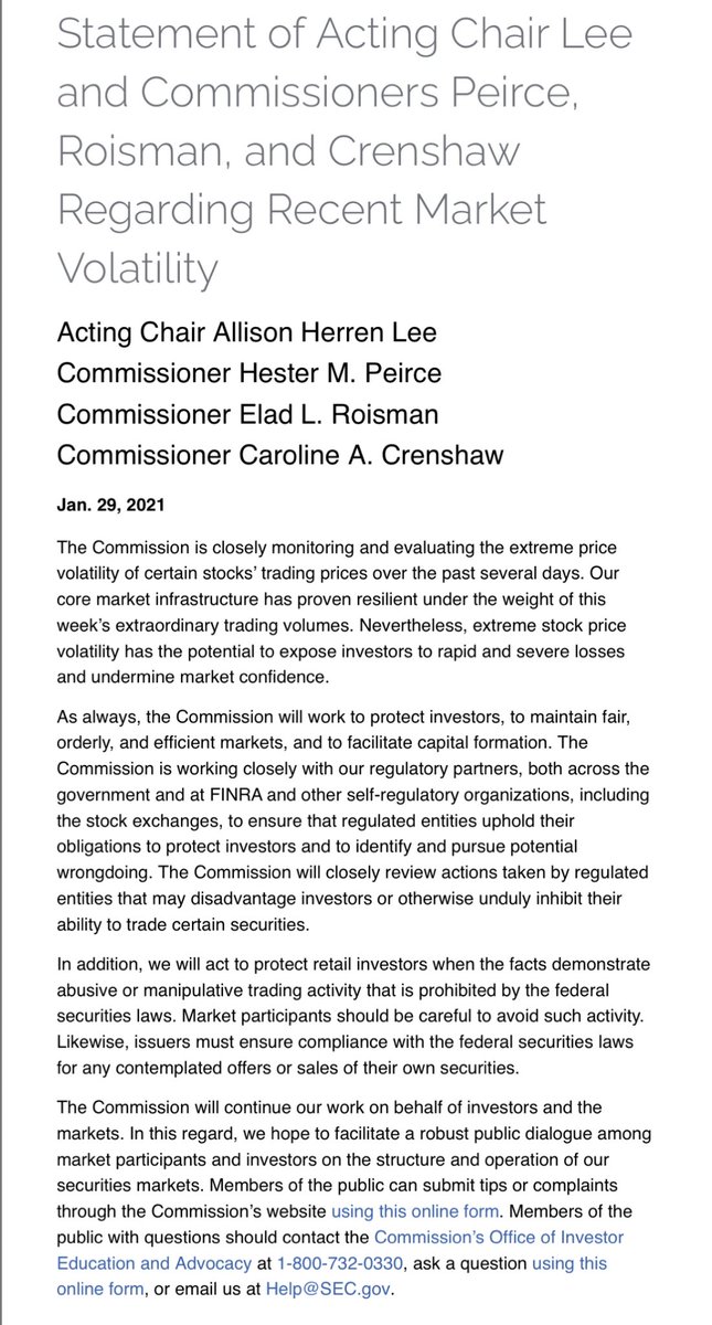 CNBCnow's tweet photo. JUST IN: SEC releases new statement: “The Commission will closely review actions taken by regulated entities that may disadvantage investors or otherwise unduly inhibit their ability to trade certain securities.” 
https://t.co/vpyWbW9sWJ https://t.co/7tpMKQz3er
