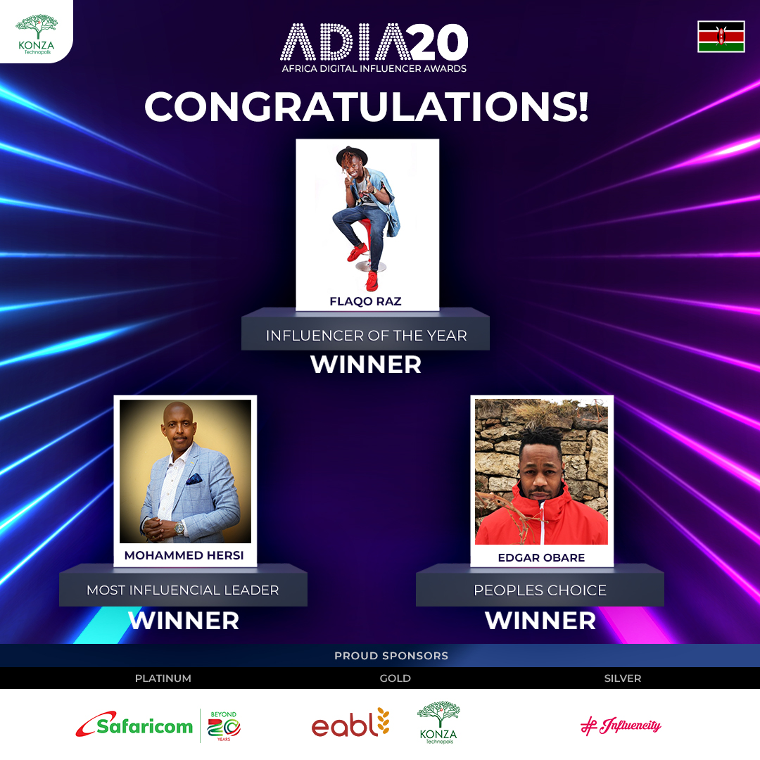 TechnopolisKE's tweet photo. Pongezi to all of our winners! Watch the live stream of your favourite influencers receiving their awards this Saturday 30th January 2021 on our social media pages! #ADIA20 #KonzaTechnopolis https://t.co/QI4MAGoQqm