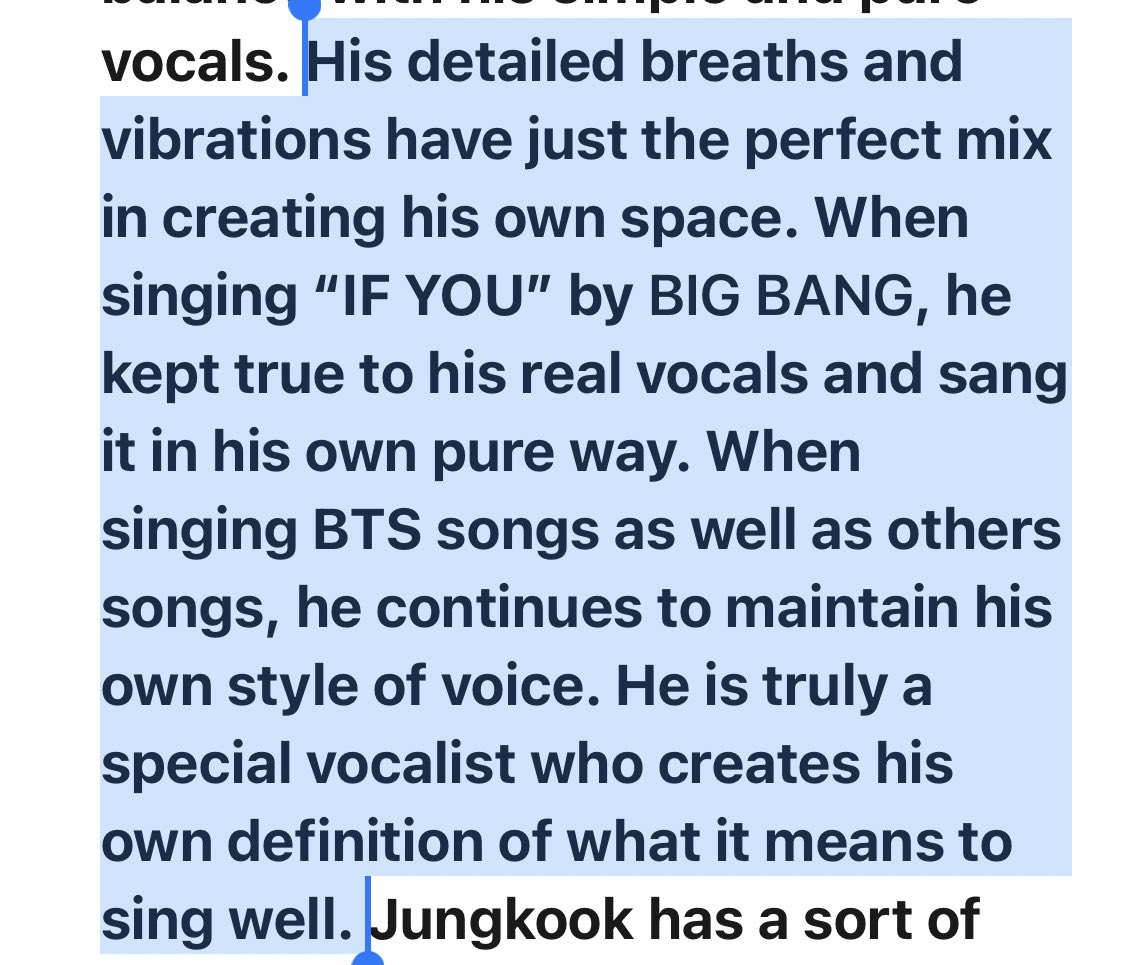 Grammy committee member, Lim Hyung Joo, highlighted that when Jungkook sings BTS songs as well as others songs, he continues to maintain his own style of voice. He called Jungkook a special vocalist who creates his own definition of what it means to sing well.