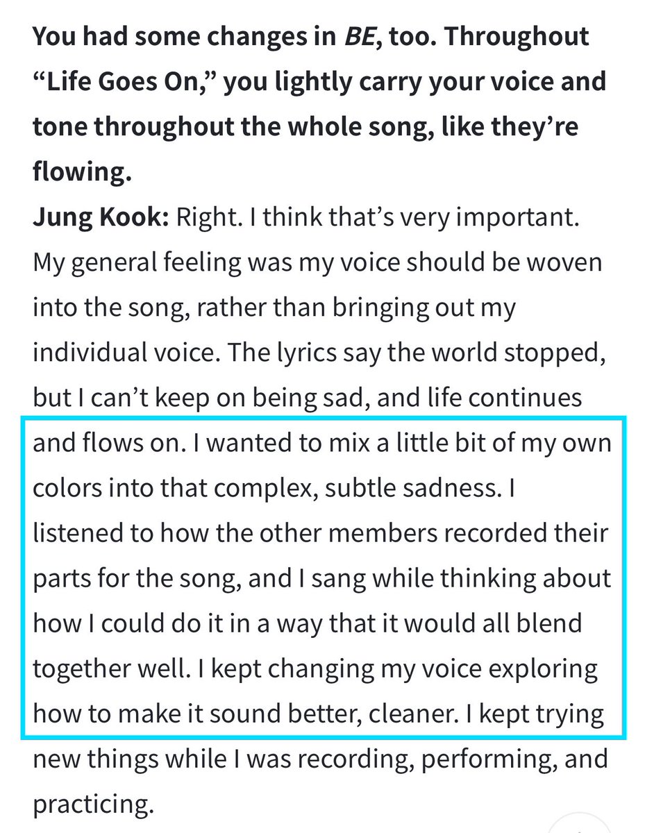 Lastly, Jungkook is labelled as a special vocalist who can sing songs in his own way. But that being said he is also the type of singer that can easily blend in with other vocalists to make a song sound as one whole, making it sound clean.