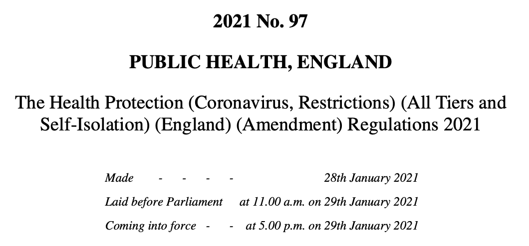 Important changes to lockdown/self-isolation regulations from 5pmThe Health Protection (Coronavirus, Restrictions) (All Tiers and Self-Isolation) (England) (Amendment) Regulations 2021£800 'house party' FPN & police can now access track & trace data https://www.legislation.gov.uk/uksi/2021/97/contents/made