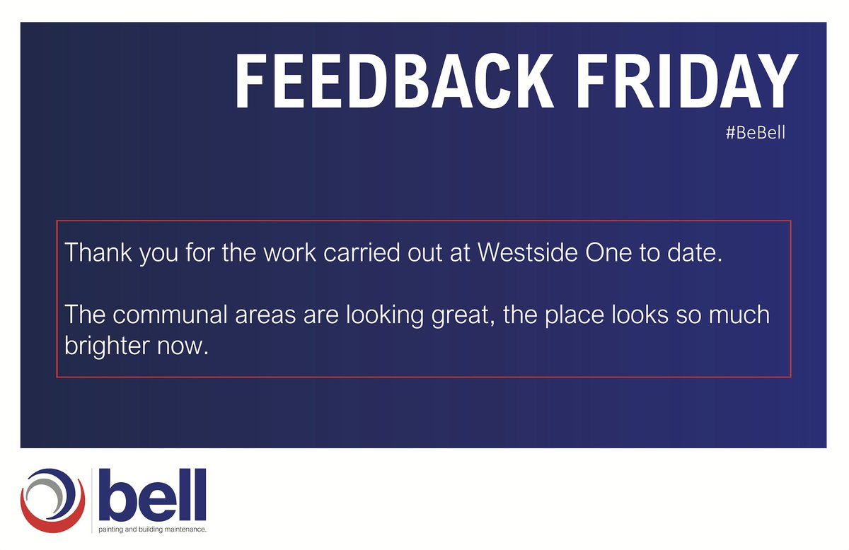 BellGroupUK's tweet photo. Some amazing feedback for our @BellGroupUK UK East Midlands branch for recent works painting the communal areas in an apartment block in Nottingham for Centrick
#BeBell #FeedbackFriday #Centrick #Painting #Decorating #CentrickTalksProperty https://t.co/7WCUiYTlxE