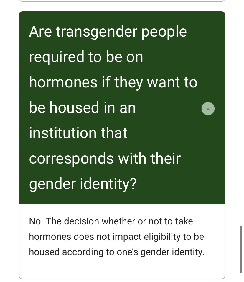 And of course, while they say they have a committee to decide housing, they make it clear that they rely purely on self-ID. They admit that men who take no hormones and have intact penises are eligible to be moved to women’s housing.