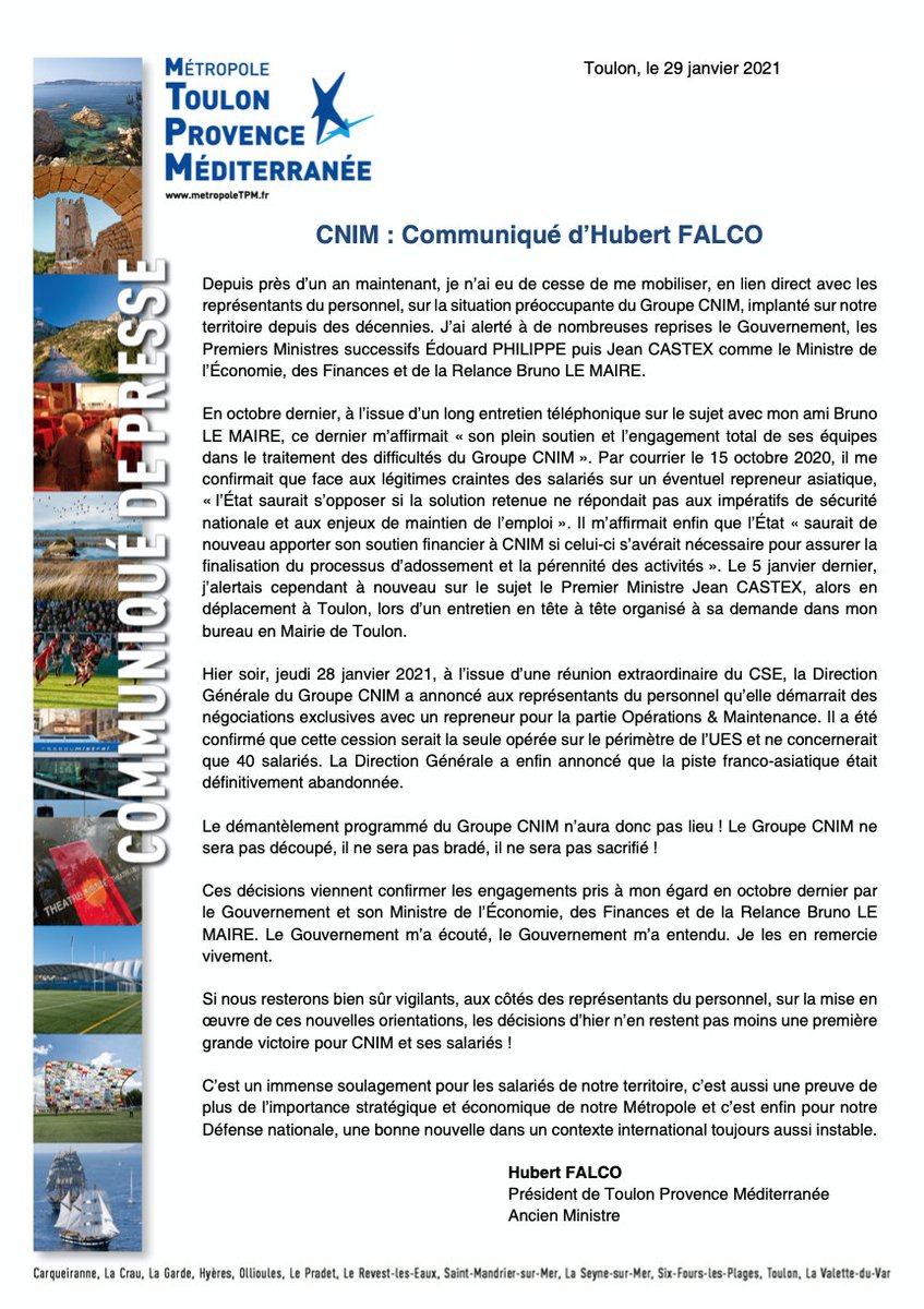 hubertfalco's tweet image. Le démantèlement programmé du @CNIM_Group n’aura pas lieu ! Le #GroupeCNIM ne sera pas découpé, ne sera pas bradé, ne sera pas sacrifié ! 

Retrouvez mon communiqué ⤵️
#MetropoleTPM #CNIM