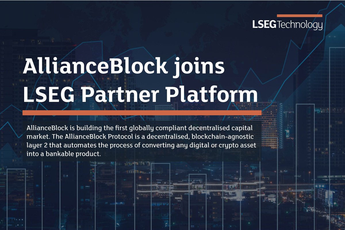 LSEGTechnology's tweet photo. AllianceBlock is now a member of LSEG’s Partner Platform, giving LSEG’s institutional clients direct market access to AllianceBlock’s products. Read more at https://t.co/Em2f7zIhVl https://t.co/9RyiQFAcpp