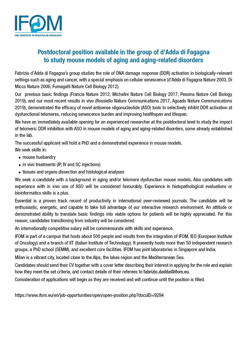 Postdoctoral position immediately available in our lab to study aging and aging-related disorders in mouse models with our innovative ASO-based approach to selectively inhibit telomeric DDR. Please RT
ifom.eu/en/job-opportu…
#aging #senescence #ASO #ncrna #telomere #DDR