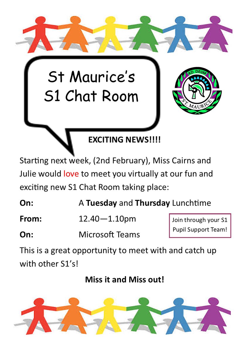 StMo-HSPO (@hspostmo) on Twitter photo Our exciting new S1 Chat Room starts next week! If you'd like to meet and catch up with other S1's, then join Miss Cairns and I on Tuesday and Thursday lunchtimes from 12.40-1.10pm through your S1 Pupil Support Teams Page. <a href="/St_Maurice_High/">St Maurice's High</a> <a href="/St_Maurices_PS/">Pupil Support Team</a> Our exciting new S1 Chat Room starts next week! If you'd like to meet and catch up with other S1's, then join Miss Cairns and I on Tuesday and Thursday lunchtimes from 12.40-1.10pm through your S1 Pupil Support Teams Page. <a href="/St_Maurice_High/">St Maurice's High</a> <a href="/St_Maurices_PS/">Pupil Support Team</a>