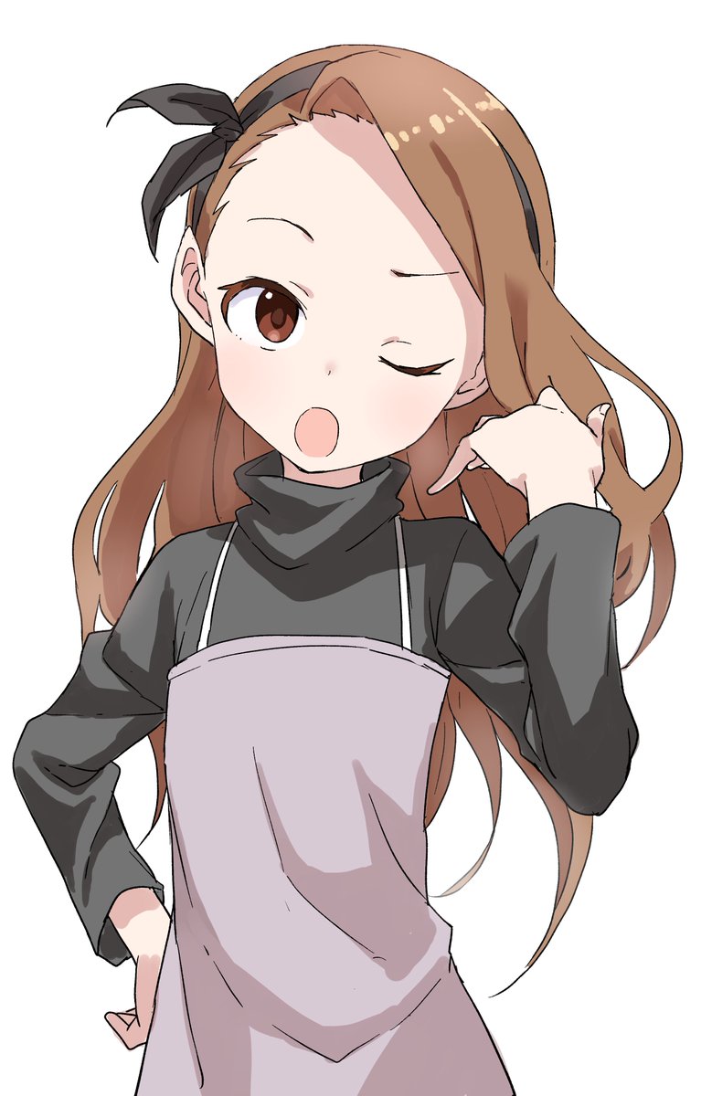 minase iori 1girl solo brown hair one eye closed long hair simple background brown eyes  illustration images