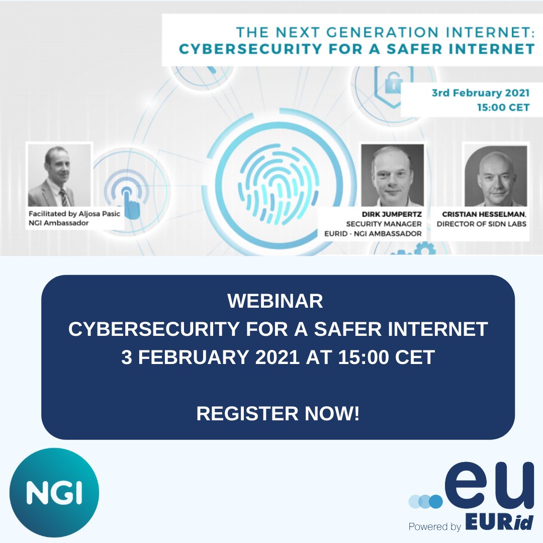 EUregistry's tweet photo. 🔐 Are you curious about security on the web and how to build an #InternetofHumans?
📝 Register here https://t.co/4Lg0jrXLHc for the #NGITalk "Cybersecurity for a safer Internet" on 3 February at 15:00 CET!
🙌 EURid will join @NGI4eu, @Atos, @sidnlabs!
#NGIAmbassador #doteu https://t.co/r7qp76yXMk