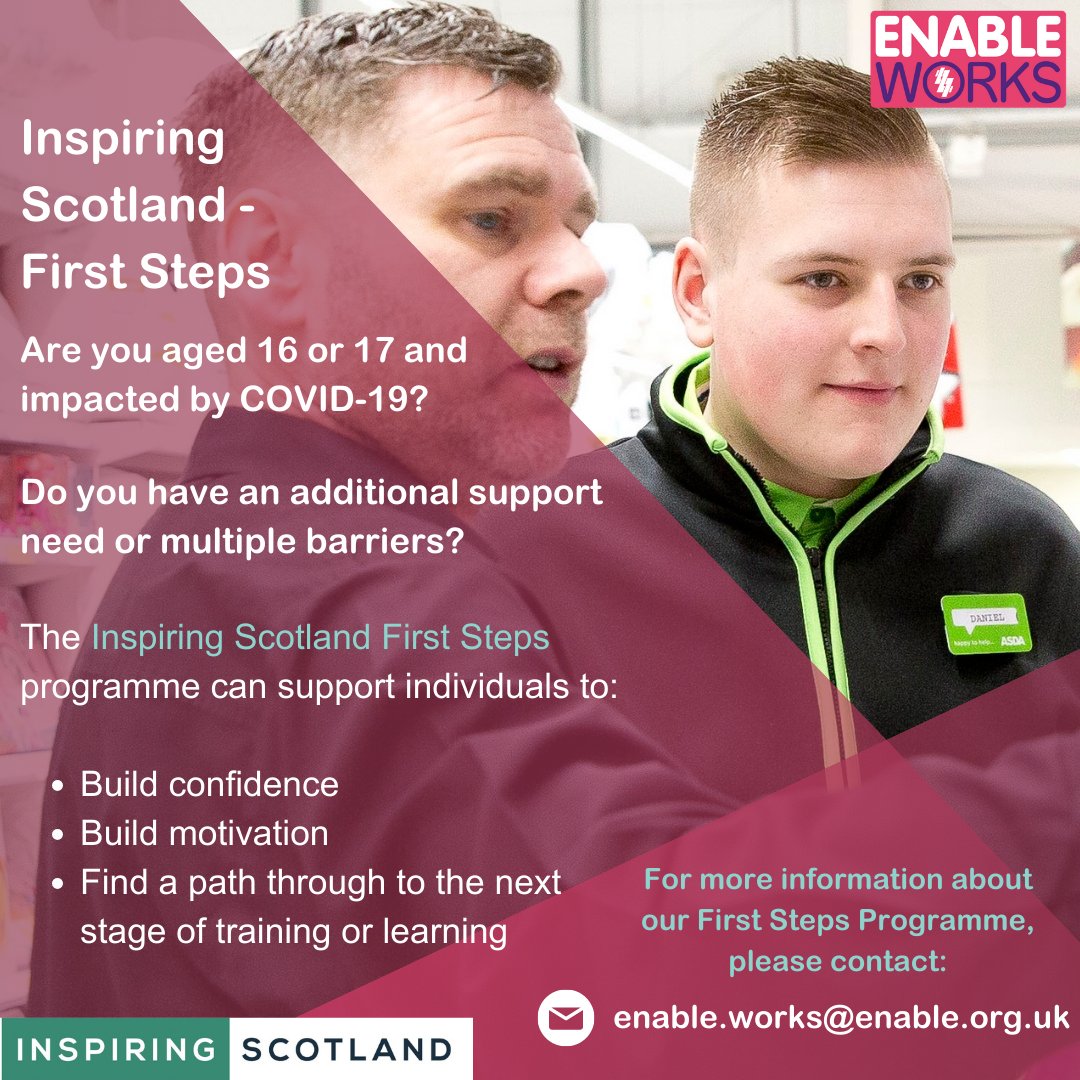 markmack_ENABLE's tweet image. 📢 We're now offering an exciting new programme in the Highlands for those aged 16-17, impacted by COVID-19.

The Inspiring Scotland First Steps programme is live! Get in touch with us to discuss referrals or to find out more 📩📞

Contact details at the bottom of this poster 👇