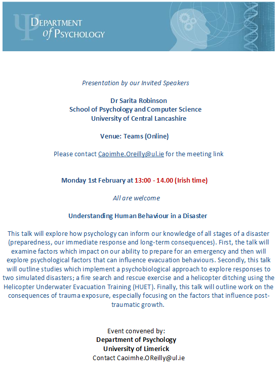 ULPsych's tweet photo. Join us on Monday for a presentation from Dr. Sarita Robinson @Drsurvival from @UCLan. All are welcome to attend https://t.co/cYdonIM86v